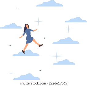 woman freedom walk in the sky vector illustration