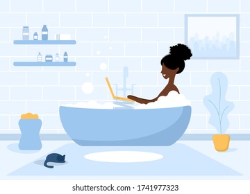 Woman freelance. African girl with laptop lying on bathtub. Concept illustration for studying, online education, work from home, communication, watching TV. Vector illustration in flat style.