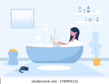Woman freelance. Girl with laptop lying on bathtub. Concept illustration for studying, online education, work from home, communication, watching TV. Vector illustration in flat style.