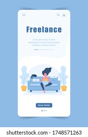 Woman freelance. Girl with laptop sitting on the sofa. Landing page template. Mobile background. Concept illustration for studying, online education, work from home.