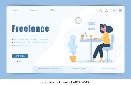 Woman freelance. Landing page template. Girl in headphones with a laptop sitting at a table. Concept illustration for studying, education, work from home, healthy lifestyle.