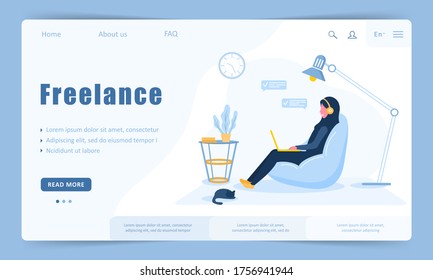 Woman freelance. Landing page template. Arabian girl in hijab with laptop sitting on a chair bag. Concept illustration for working, studying, education, work from home, healthy lifestyle.