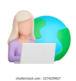 Woman freelancer 3d icon. Girl with a laptop and the world in the background. Isolated object on a transparent background
