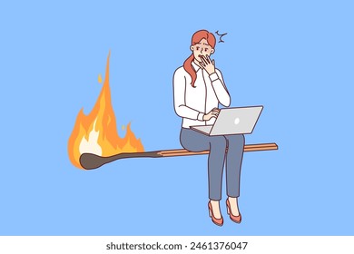 Woman freelancer is afraid of danger of violating business deadlines, sitting on burning match with laptop on lap. Girl with computer fearful of becoming victim of burnout due to strict deadlines