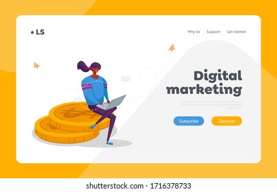Woman Freelancer Character Working on Laptop Sitting on Huge Pile of Golden Coins Landing Page Template. Freelance Outsourced Employee Occupation Activity, Online Service. Cartoon Vector Illustration