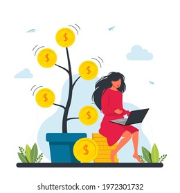 Woman Freelancer Character Working on Laptop Sitting on Pile of Golden Coins near Huge Pot with Money Tree,Dollar Banknotes Hanging on Branches. Concept of earning money freelancer, investment, growth