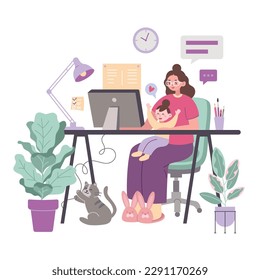 Woman freelancer with child, cartoon style. Business Mom holding baby and working on computer at home. Maternity and career, online education. Trendy modern vector illustration, flat design.