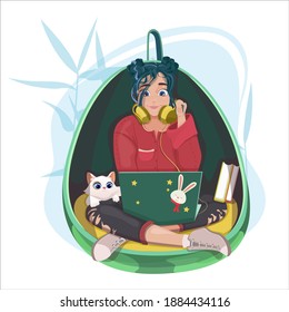 
Woman freelancer concept. Freelancer works at home with his laptop in a hanging chair, near cat. Vector illustration