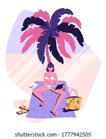Woman freelancer distant work from beach, she sitting under palm tree in swimsuit with notebook, beach accessories visible