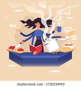 Woman freelancer does several things at once time  She manages to cook  drink coffee  talk the phone  read book   work laptop  Color vector cartoon illustration  Stay home 