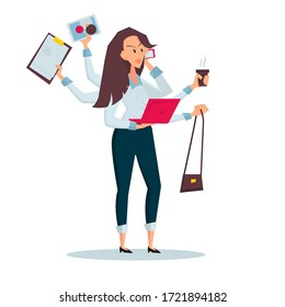 Woman freelancer does several things at once time  She manages to hold bag  drink coffee  talk the phone  read paper documents   work laptop  Color vector cartoon illustration  Stay home 