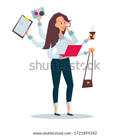 Woman freelancer does several things at once time. She manages to hold bag, drink coffee, talk on the phone, read a paper documents and work on a laptop. Color vector cartoon illustration. Stay home.