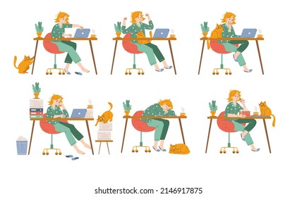 Woman freelancer emotions and activities set. Freelance girl wear pajama work at home office sit at desk with laptop and cute cat, thinking, drink coffee, sleeping, upset, Line art vector illustration
