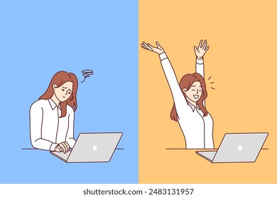 Woman freelancer experiences sudden mood swings and fatigue while working on project at laptop. Tired girl freelancer makes complex website, then joyfully raises hands up after completion