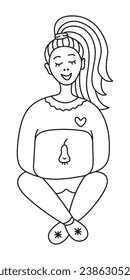 Woman freelancer, girl with a laptop, cute black line vector doodle