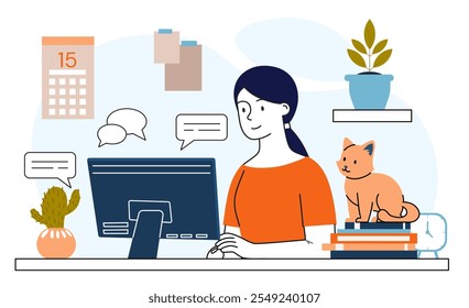 Uma mulher freelancer em casa. Menina sentada na tela do computador com gatinho. Funcionário remoto ganha dinheiro na Internet. Ganhos online e freelance. Ilustração de vetor linear isolada no plano de fundo branco