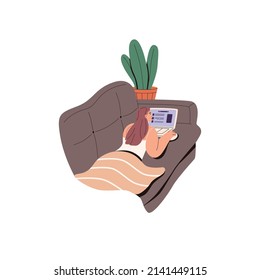 Woman freelancer lying on sofa, working online at laptop computer at home. Freelance worker reading in internet. Remote business on couch. Flat vector illustration isolated on white background.