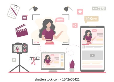 Woman freelancer makes video blog. Female blogger recording video, media content production. Various network signs and icons. Streaming technology or online courses. Vlog creation. Vector illustration