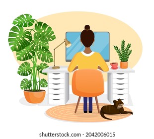 Woman freelancer, manager sits at a desk working at home at a computer. Back view of the girl. Remote work, office at home, programming. Cozy working interior with a cat. Vector illustration.