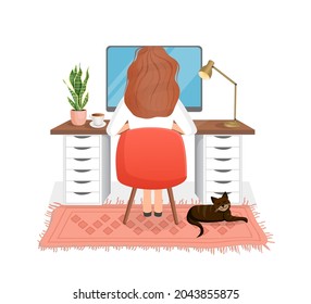 Woman freelancer, manager sits at a desk working at home at a computer. Back view of the girl. Remote work, office at home, programming. Cozy working interior with a cat. Vector illustration