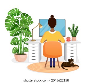 Woman freelancer, manager sits at a desk working at home at a computer. Back view of the girl. Remote work, office at home, programming. Cozy working interior with a cat. Vector illustration