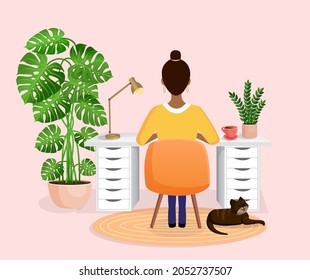 Woman freelancer, manager sits at a desk working at home at a computer. Back view of the girl. Remote work, office at home, programming. Cozy working interior with a cat. Vector illustration.