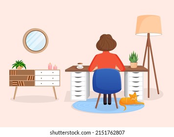 Mujer independiente, gerente sentado en un escritorio que trabaja en casa en un ordenador. Vista posterior de la chica. Trabajo remoto, oficina en casa, programación. El interior es acogedor y está decorado con un gato. Ilustración del vector