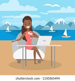 Woman freelancer on the beach. Working remotely on the laptop computer through the internet. Working while travelling. Summer vacation. Vector flat illustration