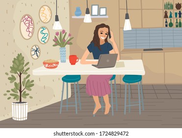 Mujer independiente, trabajo a distancia. Interior de cocina con una madre joven. Trabajar durante el autoaislamiento. Ilustración del concepto de vector.