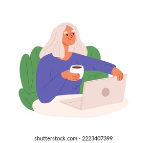 Woman freelancer, remote worker work on laptop with coffee cup at home workplace or in cafe coworking space. Remotely occupation and freelance concept. Cartoon flat vector illustration