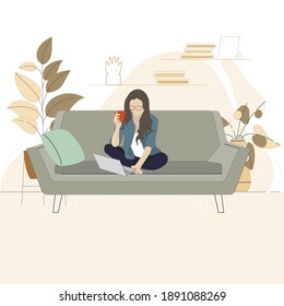 Woman freelancer remote working from home. Lockdown isolation. Woman sitting on sofa and communication use laptop, freelance work illustration