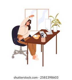 Woman freelancer with sedentary work does yoga training, physical exercises at computer desk. Office worker, employee stretches on chair at workplace. Flat isolated vector illustration on white