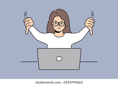 Woman freelancer showing thumbs down sitting in front of laptop and making video call to colleagues while discussing future project. Girl demonstrate thumbs down as sign of negative user experience