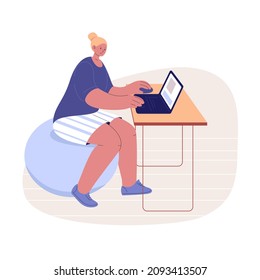 Woman freelancer sits with laptop at table on fitball. Vector illustrations in flat style.