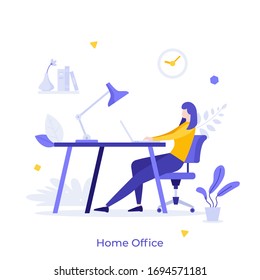 Woman or freelancer sitting at desk with laptop computer and working. Concept of home office or workplace, freelance or remote work, distance job. Modern flat colorful vector illustration.