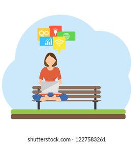 Woman freelancer sitting with a laptop in the park. Woman sit on the bench and works behind a laptop. Vector illustration.