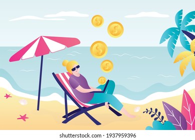 Woman freelancer sitting on beach in sun lounger and working remotely. Female character makes money online. Financial freedom, businesswoman earn passive income on rest. Sea view. Vector illustration