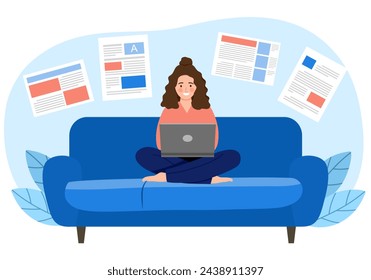 Woman freelancer sitting on couch and writing articles on laptop computer. Creative content writer. Blogger. 