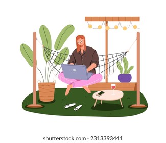 Woman freelancer sitting on hammock, works online with laptop computer. Remote freelance worker working in internet in nature, outdoors in summer. Flat vector illustration isolated on white background