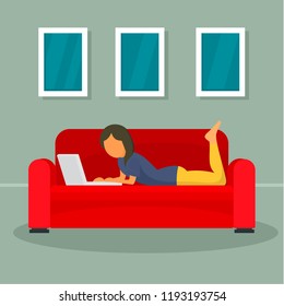 Woman freelancer at sofa concept background. Flat illustration of woman freelancer at sofa vector concept background for web design