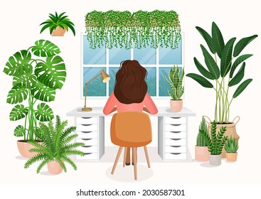 Woman freelancer or student sits at a desk at home working. Back view of the girl. The concept of remote work, office at home, freelancing, programming. Interior with plants. Vector flat illustration.