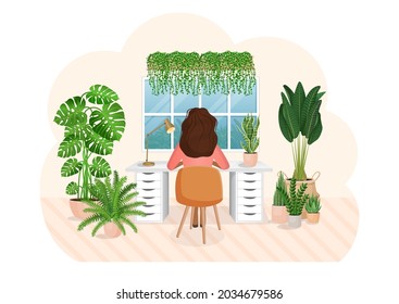Woman freelancer or student sits at a desk at home working. Back view of the girl. The concept of remote work, office at home, freelancing, programming. Interior with plants. Vector flat illustration.