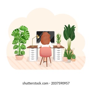 Woman freelancer or student sits at a desk at home working. Back view of the girl. The concept of remote work, office at home, freelancing. Interior with plants. Vector flat illustration.
