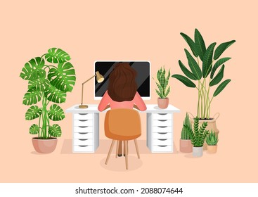 Woman freelancer or student sits at a desk at home working. Back view of the girl. The concept of remote work, office at home, freelancing. Interior with plants. Vector flat illustration.