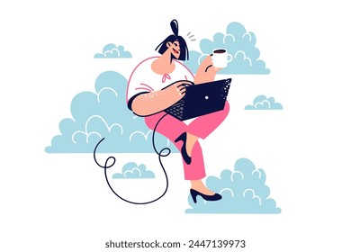 Woman freelancer uses cloud technologies to work remotely via internet, sitting on sky with laptop and cup of coffee. Freelancer girl enjoys performing online task for marketer or journalist.