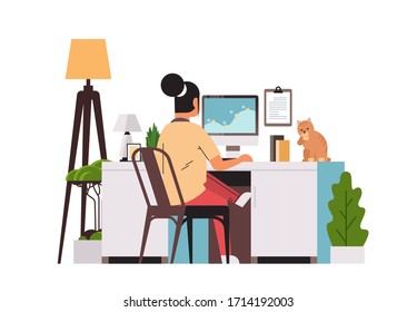 woman freelancer using computer monitor working at home during coronavirus quarantine self-isolation freelance social distancing concept horizontal full length vector illustration