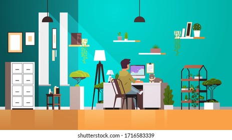 woman freelancer using computer monitor working at home during coronavirus quarantine self-isolation freelance concept modern living room interior horizontal full length vector illustration