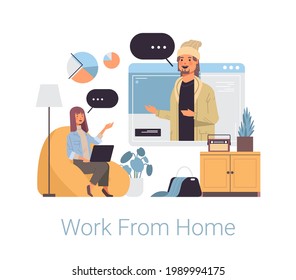 woman freelancer using laptop making video call to colleague working from home coronavirus quarantine