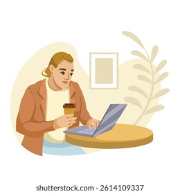 Woman freelancer using laptop at round table while holding coffee cup, flat graphic style, indoor cafe background. Concept of remote work. Vector illustration