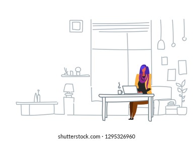 woman freelancer using laptop sitting workplace girl working process concept modern office or living room interior sketch doodle horizontal
